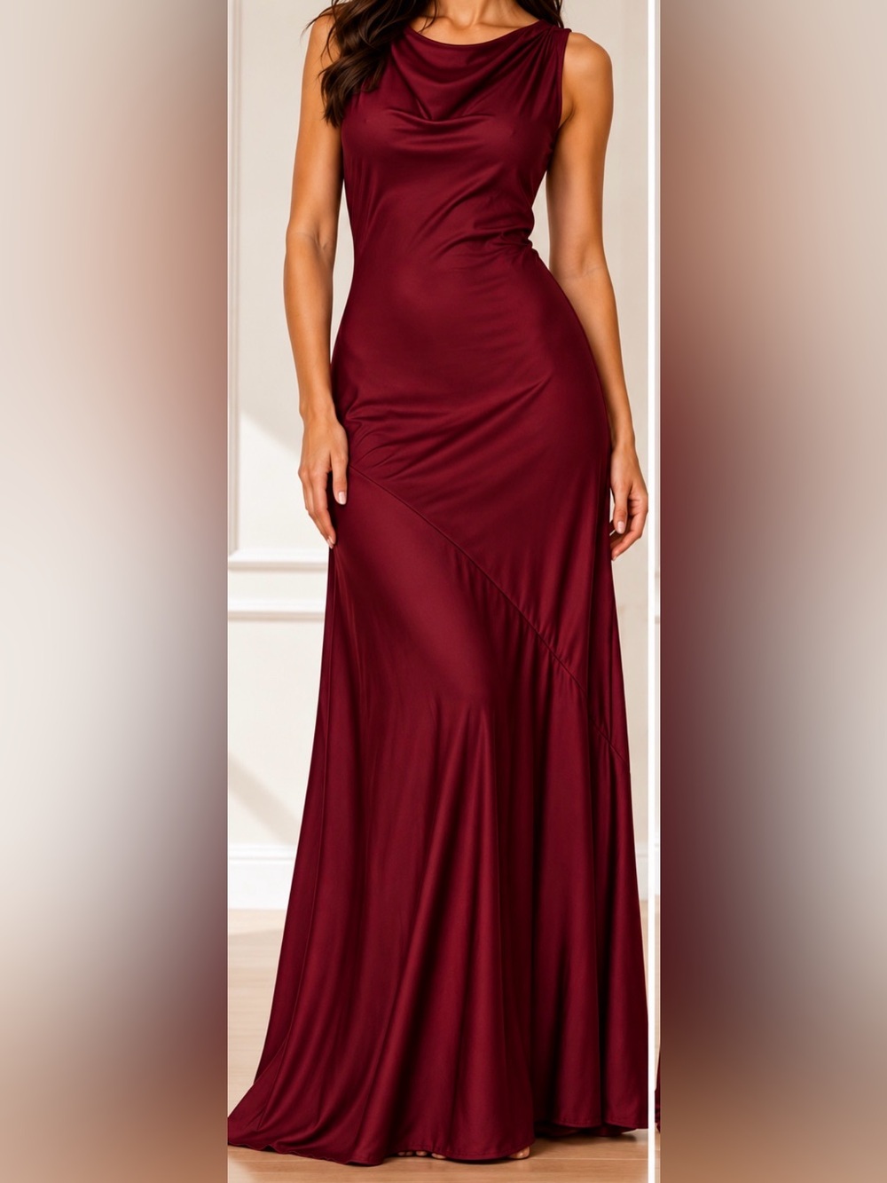 OYS~Women's Burgundy Maxi Dress- Elegant Satin Finish. Large